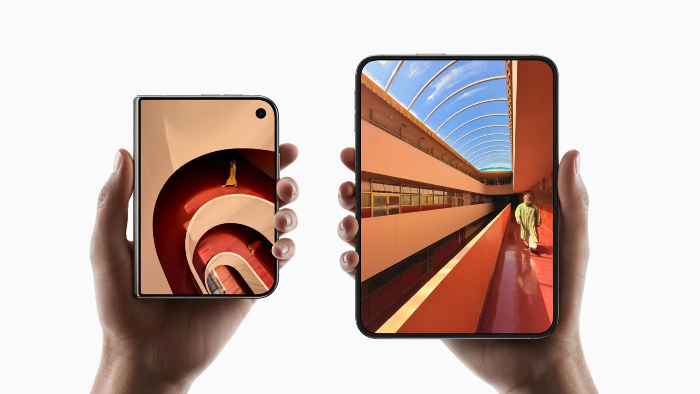 The iPhone Duo held closed with its 5.4-inch outer screen, next to the same phone unfolded on its 7.6-inch inner screen