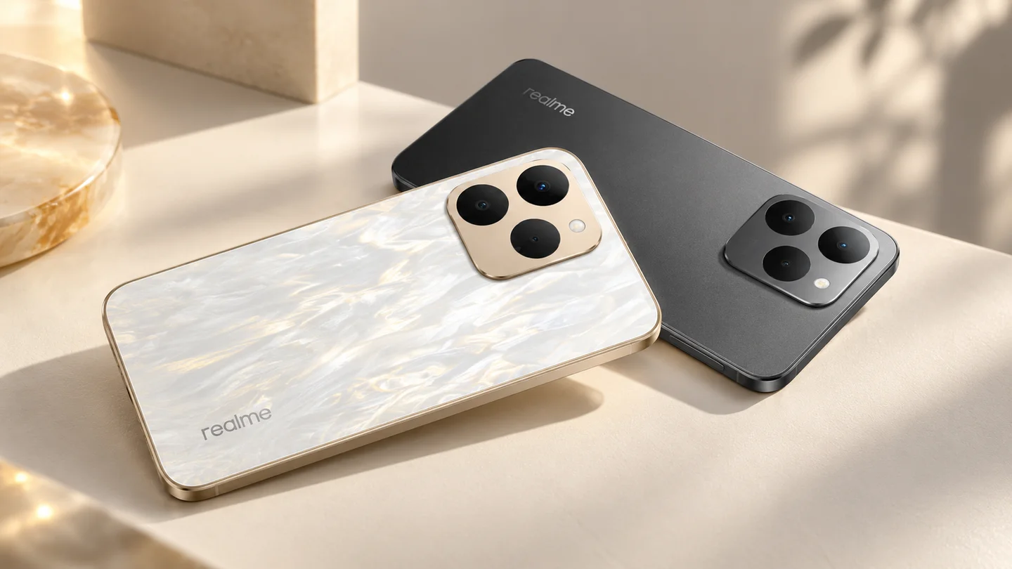 رسم توضيحي لهاتف realme 15T باللونين الفضي والتيتانيوم